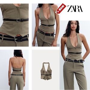 Zara khaki green striped belted halter top full zip front Sz M NWT